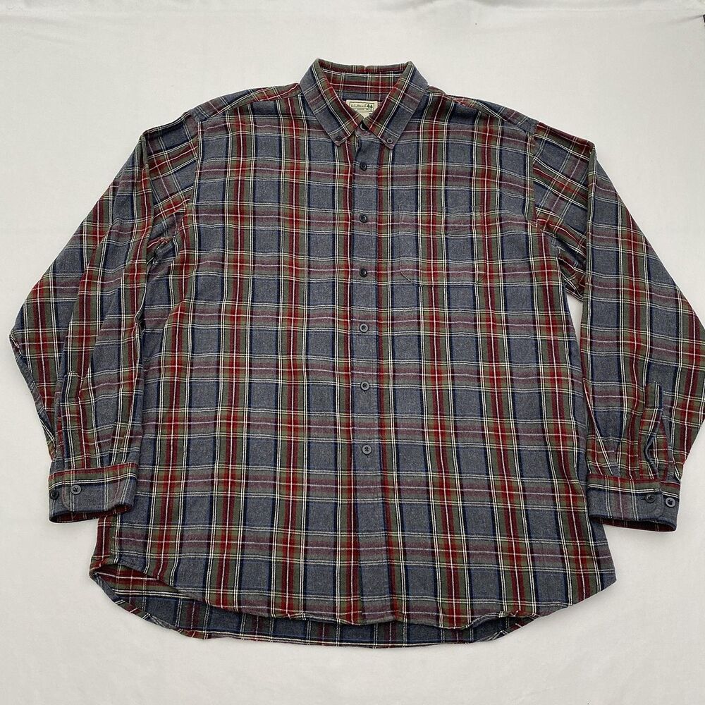 LL Bean Button Down Flannel Shirt Cotton Mens XL Gray Red Plaid Workwear